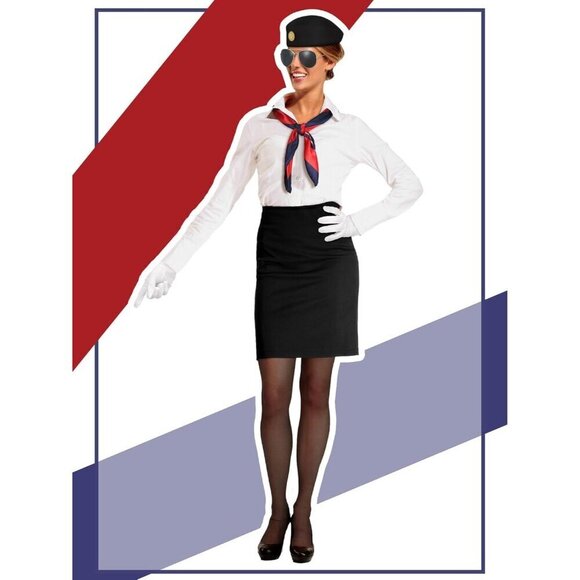 Women Flight Attendant Costume Accessories Set Hat Gloves Sunglasses Scarf Stock main image 2